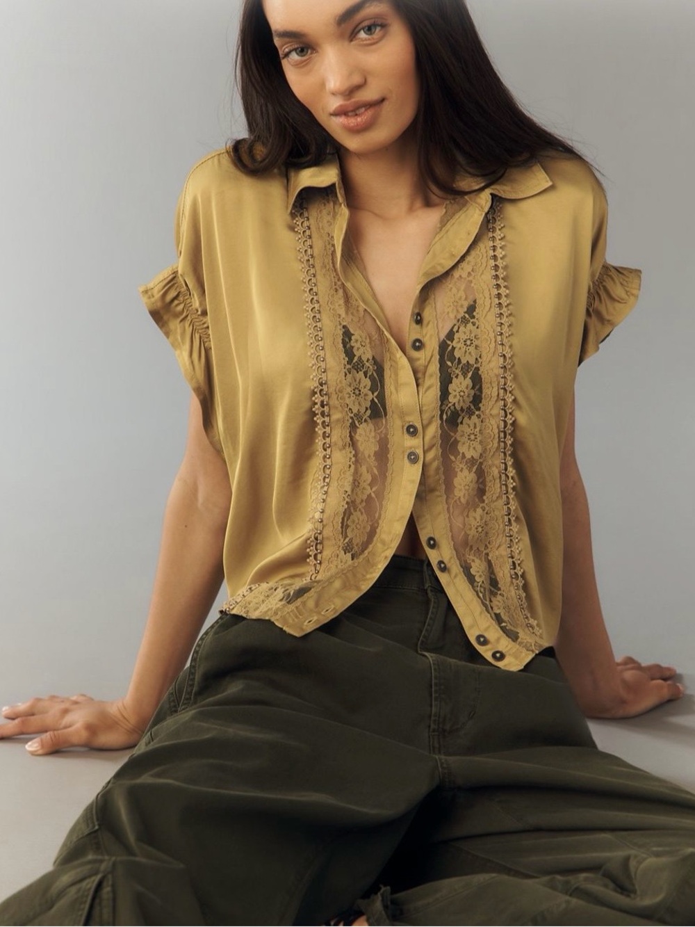 Pilcro-Anthropologie Lace-Trim Button Front Top in Mustard